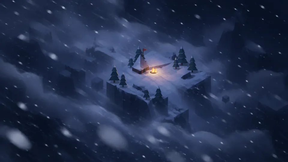 A snowbound island in a blizzard, with a campfire glowing among dark pines.